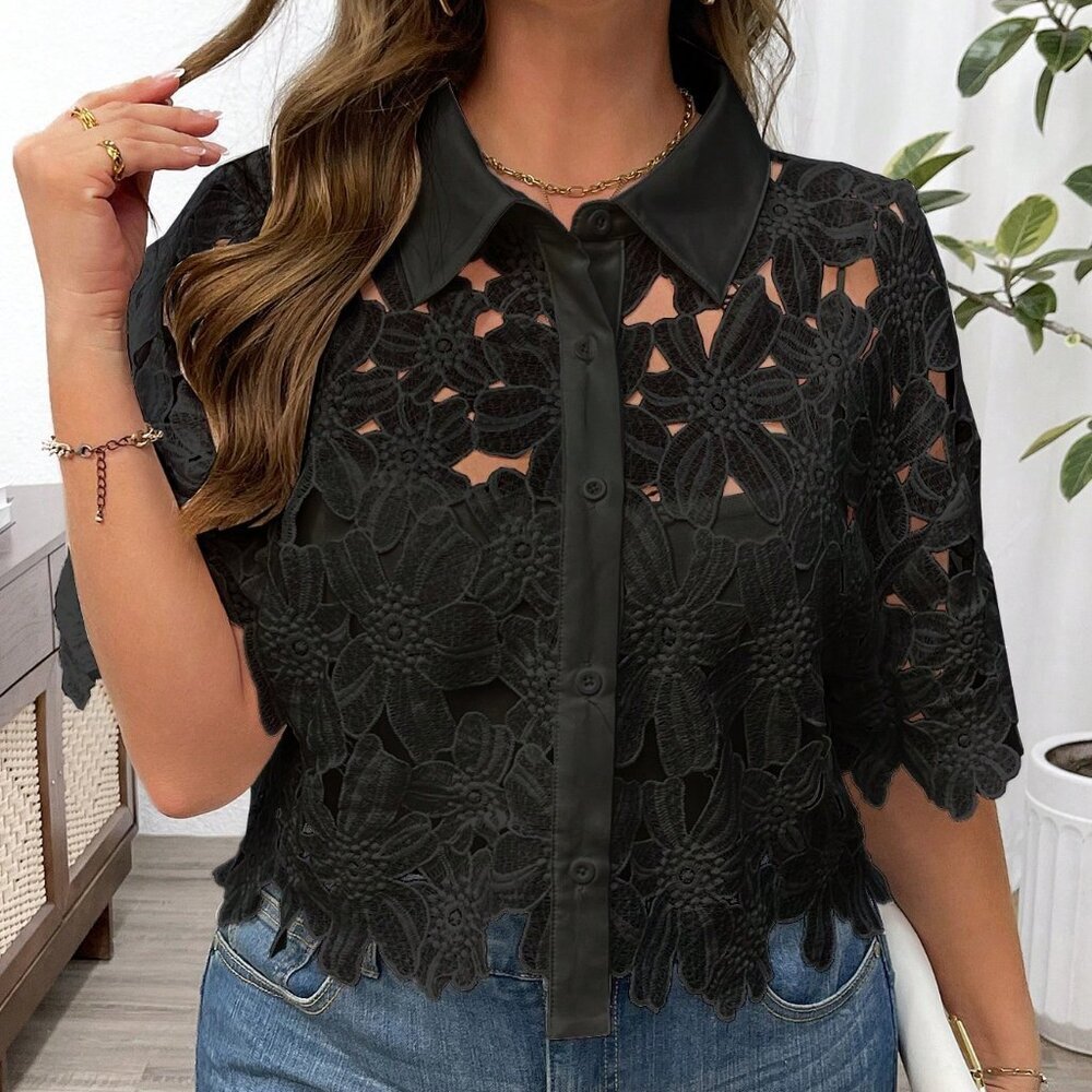 Black Casual Womens Plus Size Front Button Hollow Minimalist Short Sleeve Blouse - Picture 4 of 6